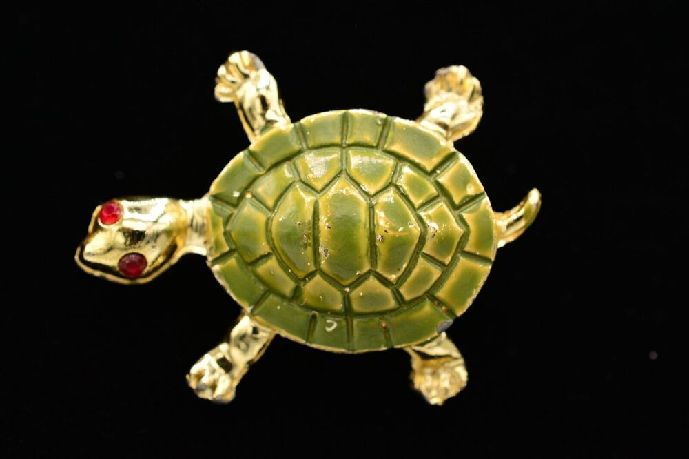 Vintage Turtle Pin Brooch Green Enamel Red Rhinestone Gold Tone 1980s BinAQ